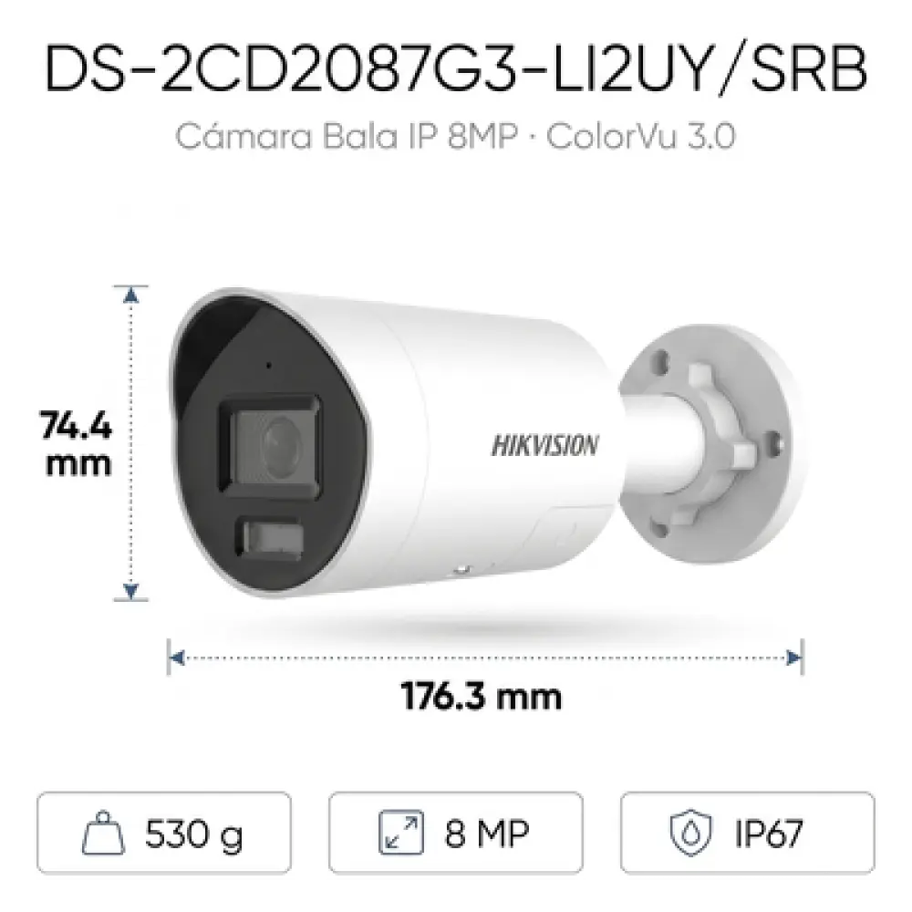 Cámara Bala IP / 8 Megapixel / Dual Light 40 m (131.2 ft) / ColorVu 3.0 / WDR 130 dB / IP67 / Estrobo Azul y Rojo / AcuSense 3.0