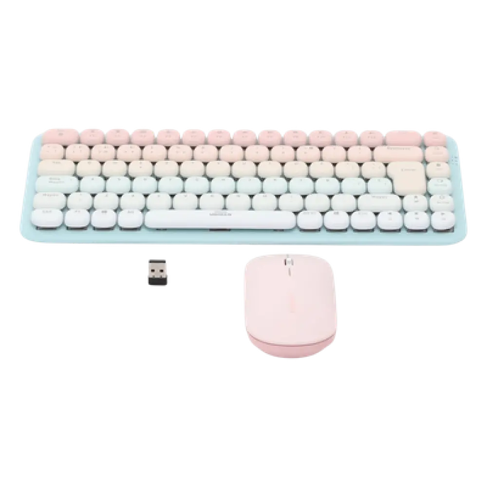 Paquete de Teclado y Mouse | 85 teclas en Español | Bluetooth y 2.4GHz |  Mouse Ambidiestro  | Sensor de DPI ajustable | Efectos de Iluminación del Teclado | Amplia compatibilidad | Color Rosa.