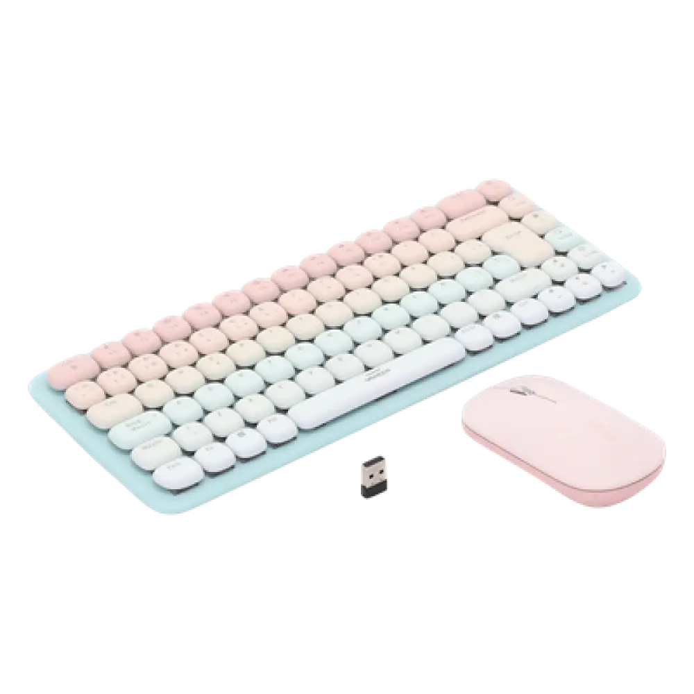Paquete de Teclado y Mouse | 85 teclas en Español | Bluetooth y 2.4GHz |  Mouse Ambidiestro  | Sensor de DPI ajustable | Efectos de Iluminación del Teclado | Amplia compatibilidad | Color Rosa.