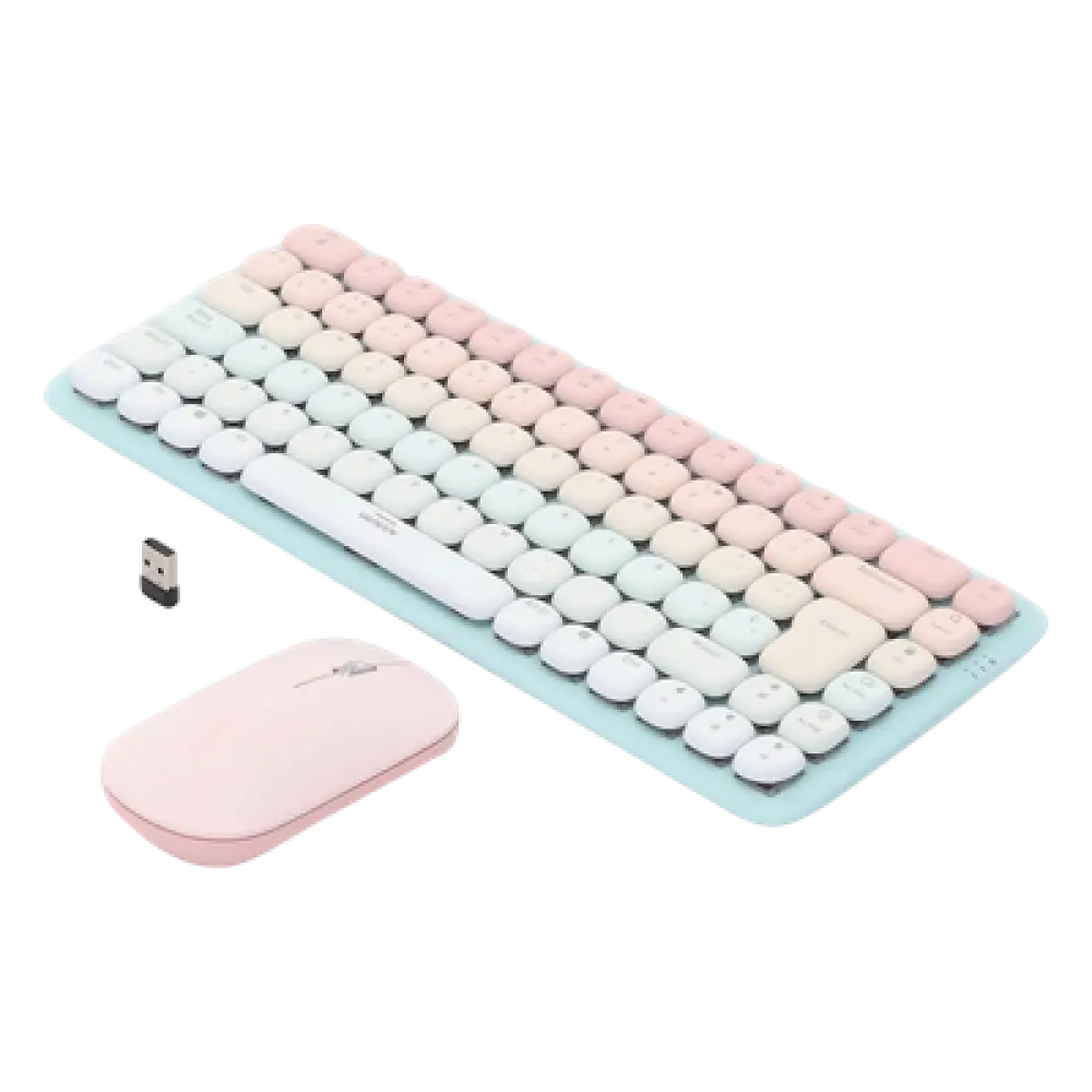 Paquete de Teclado y Mouse | 85 teclas en Español | Bluetooth y 2.4GHz |  Mouse Ambidiestro  | Sensor de DPI ajustable | Efectos de Iluminación del Teclado | Amplia compatibilidad | Color Rosa.