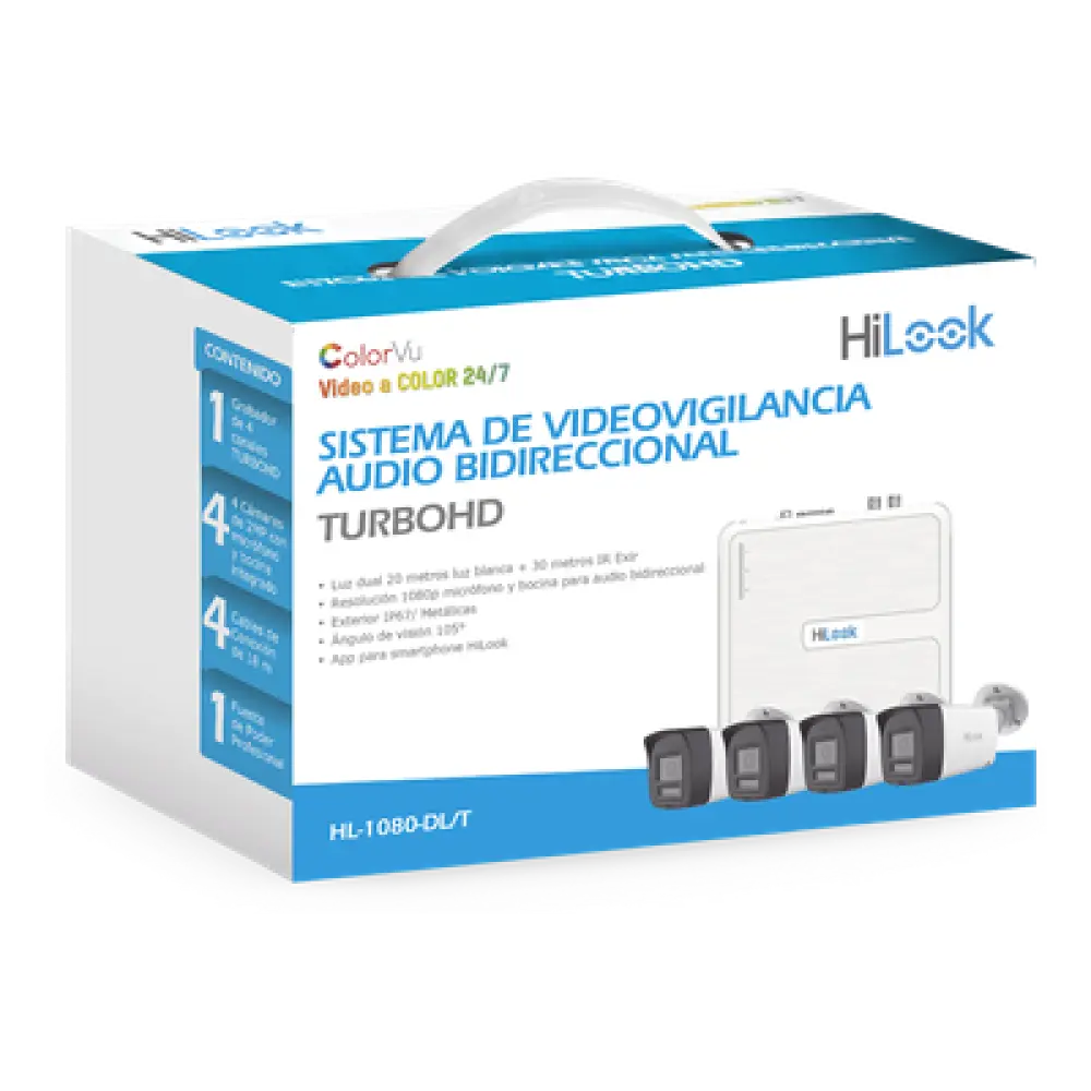 Kit TurboHD / DVR 4 Canales / 4 Cámaras Bala 1080p Lite / Visión Nocturna 20 m (65.6 ft) / Audio Bidireccional / Dual Light / H.265+ / Fuente de Poder Profesional / Cables Siameses 18 m (59.1 ft)