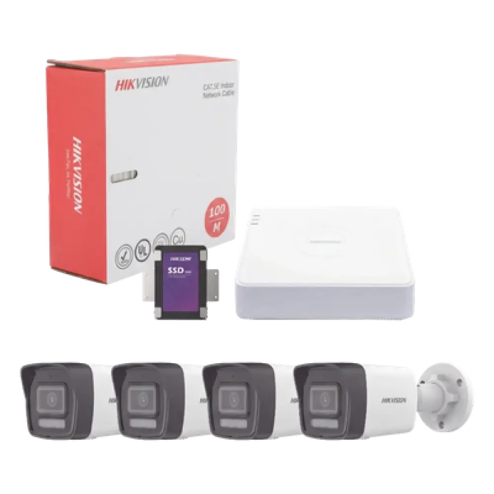 Kit de Videovigilancia IP / 4 Megapixel / NVR 4 Canales PoE+ / 4 Cámaras Bala Dual Light / IR 30 m (98.4 ft) / Luz Blanca 30 m (98.4 ft) / Audio Integrado / SSD 1 TB / Cable 100 m (328.1 ft)