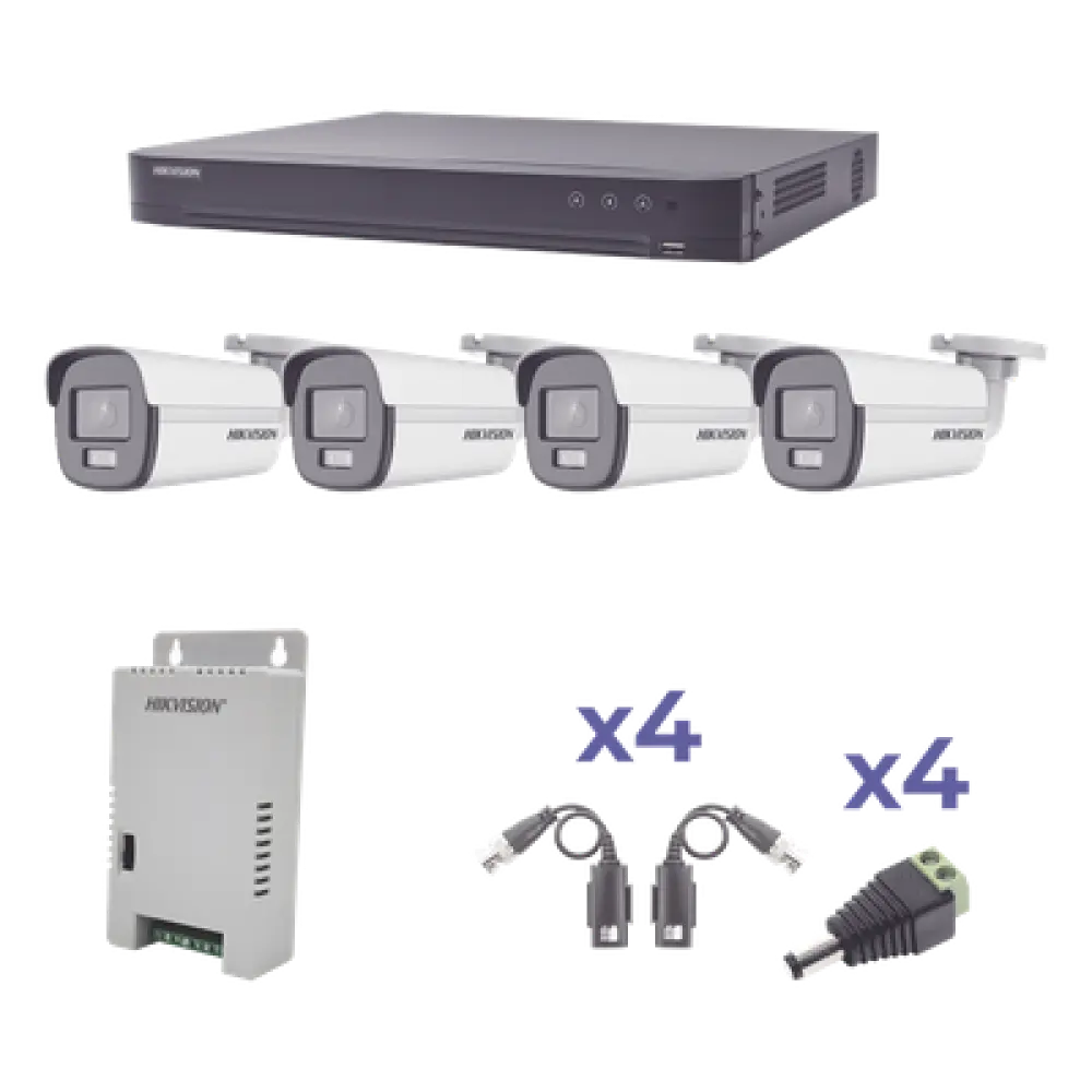Kit de Videovigilancia TurboHD / 4 Canales / 4 Cámaras Bala 1080p / ColorVu 24/7 / Lente 2.8mm / 98° / Fuente Regulada / Transceptores UTP