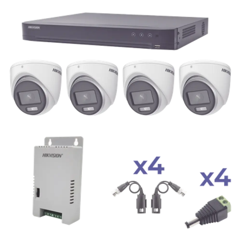 Kit TurboHD ColorVu / DVR 4 Canales / 4 Cámaras 1080p / Exterior 2.8 mm / 98° / Fuente Regulada / Transceptores UTP
