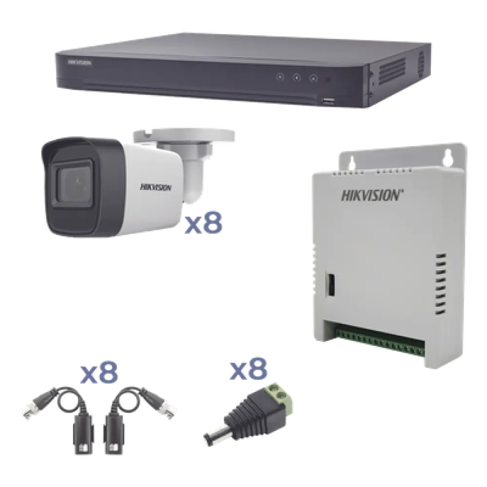 Kit TurboHD / DVR 8 Canales / 8 Cámaras Bala 2.8 mm / IR 30 m (98.4 ft) / Audio Bidireccional / Fuente 15 Vcc