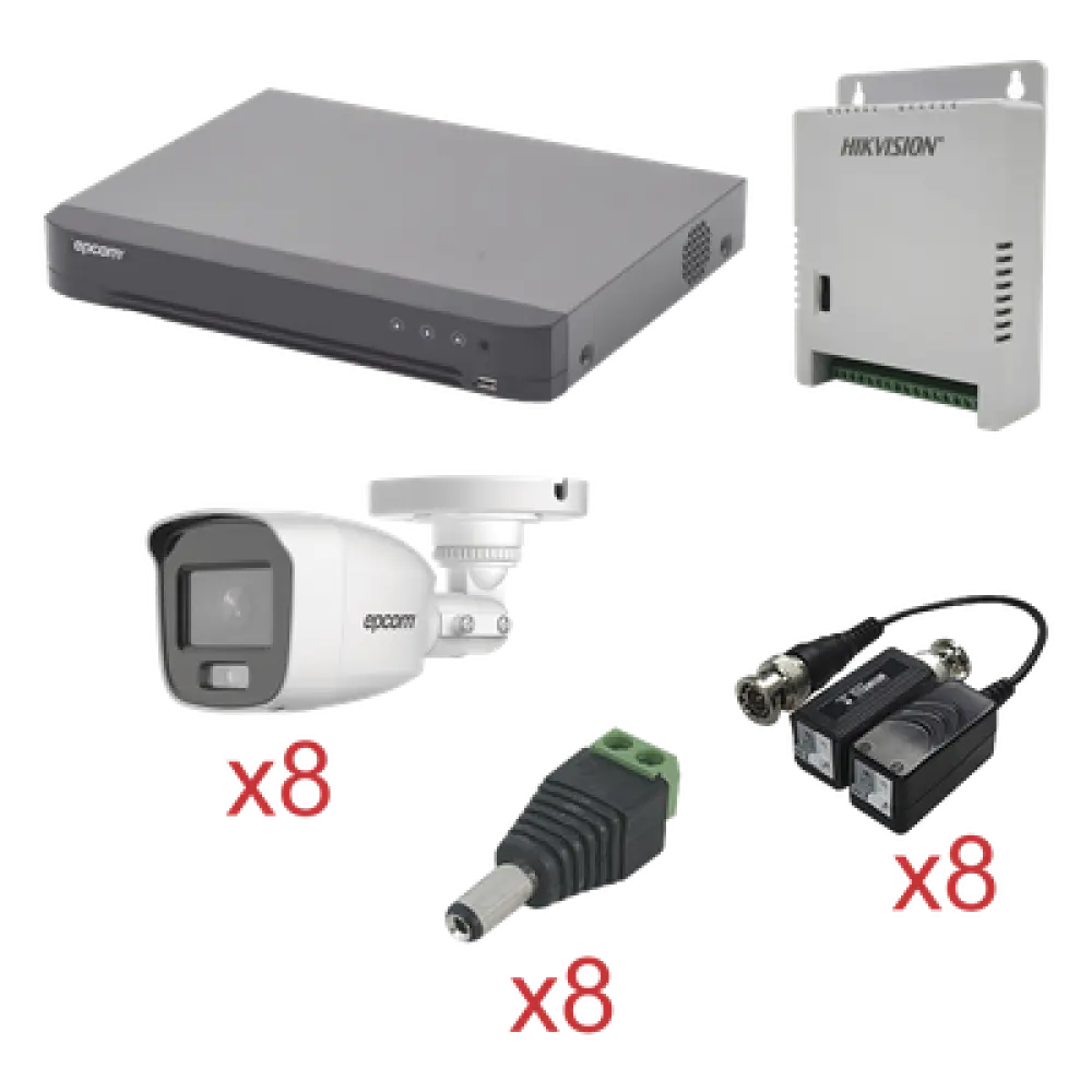 Kit TurboHD con Audio / DVR 8 Canales / 8 Cámaras Bala Exterior / 1080p / Luz Blanca 20 m (65.6 ft) / Audio Coaxitron / Fuente Seleccionable