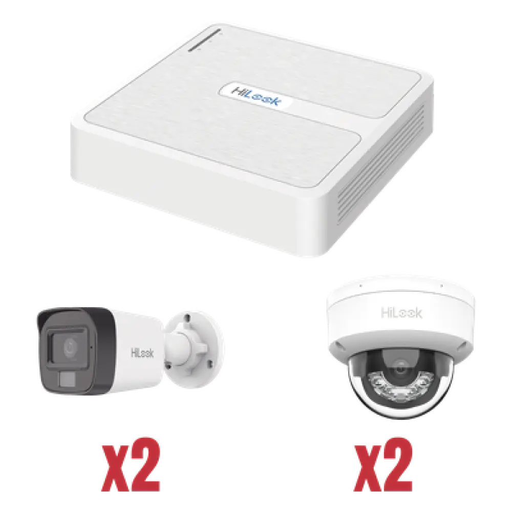 Kit de Videovigilancia IP / NVR 4 Canales PoE / 2 Cámaras Bala + 2 Cámaras Domo / 2 Megapixel / IR 30 m (98.4 ft) / Dual Light / 101° Ángulo de Visión