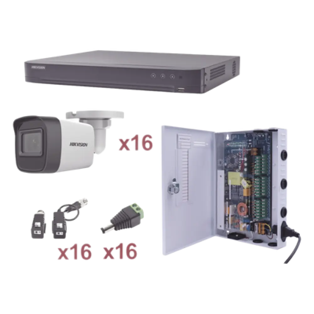 Kit TurboHD / 16 Canales / 1080p / 16 Cámaras Bala / IR 30 m (98.4 ft) / Transceptores UTP / Fuente Profesional