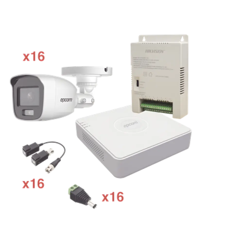 Kit TurboHD / 1080p Lite / DVR 16 Canales / 16 Cámaras Bala / 2.8 mm / ColorVu 20 m (65.6 ft) / Audio Integrado