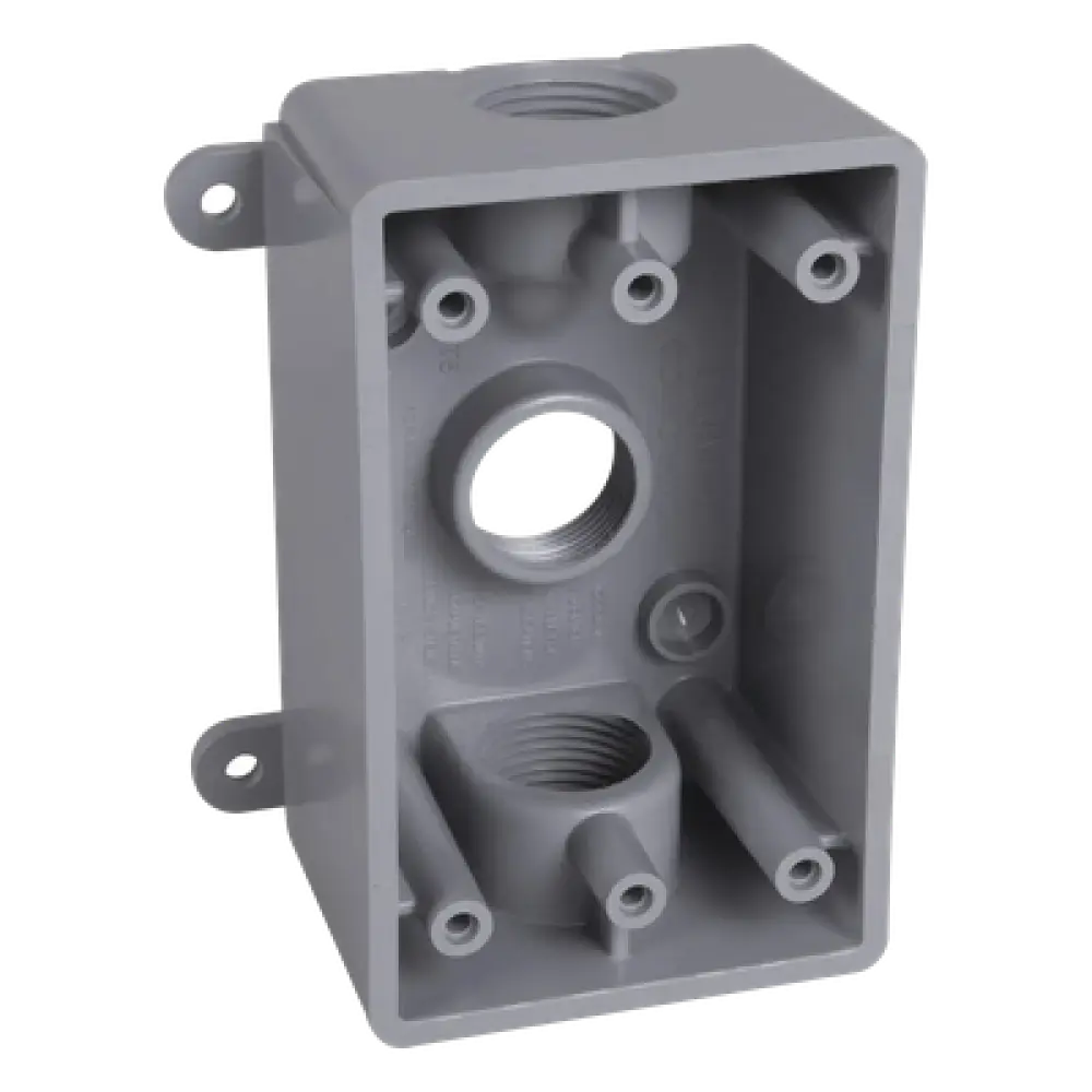 Caja Impermeable / 1 Gang / 3 Salidas Roscadas 1/2 - 3/4 in / Profundidad 2 in (5.08 cm) / 16.5 in³ / Gris
