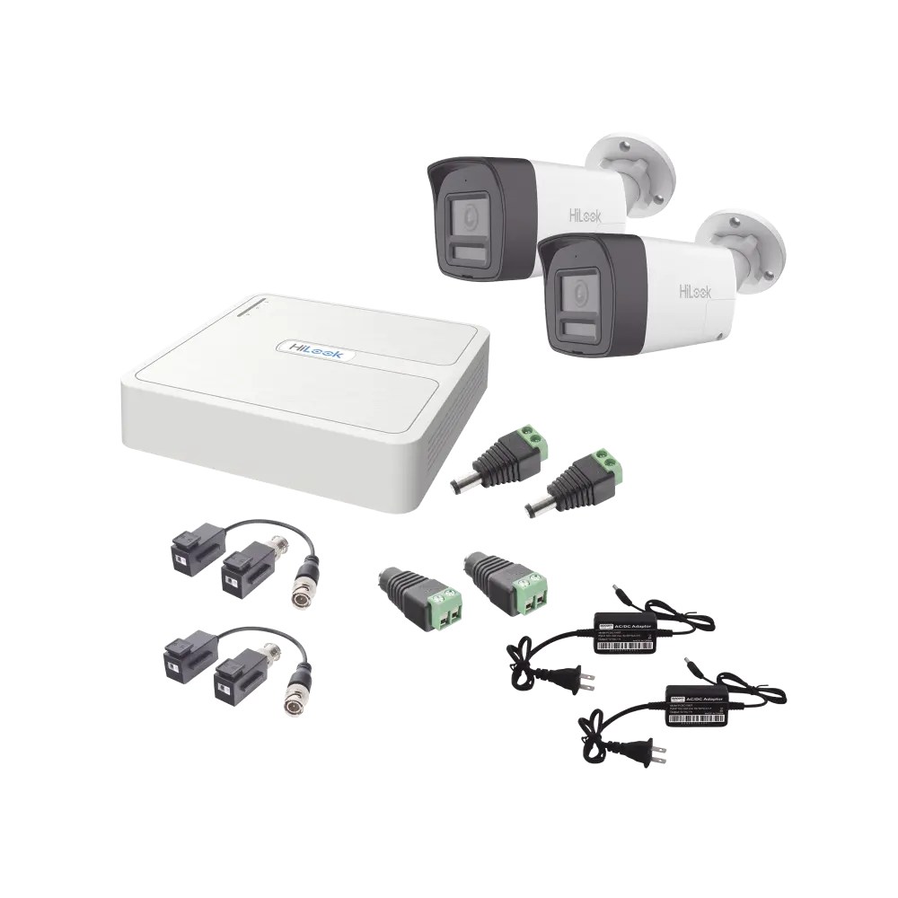 Kit HiLook Audio Bidireccional TurboHD 1080p / DVR 4 Canales / 2 Cámaras Bala (Exterior) con Bocina y Microfóno Integrado / 2 Fuentes de Poder / Accesorios