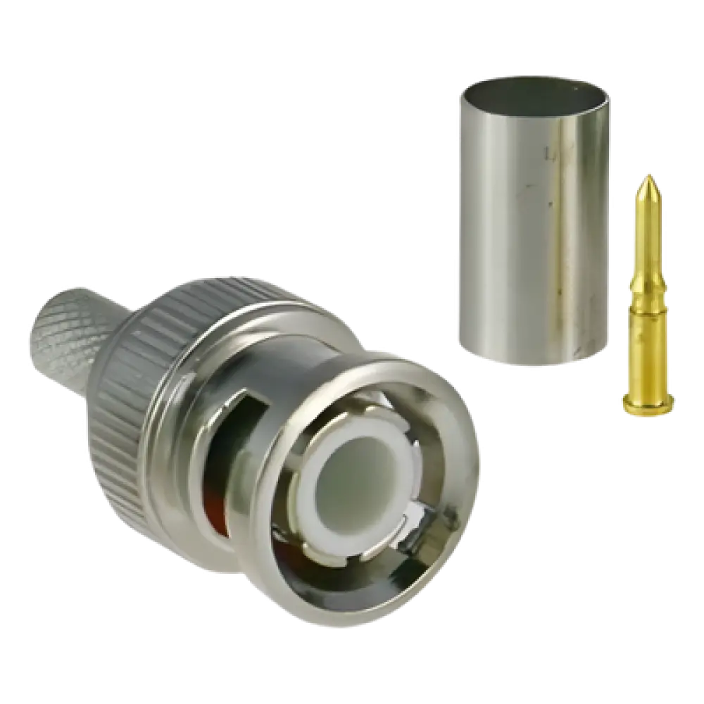 Conector BNC Macho / 75 Ohm / 3 Piezas en Línea / Anillo Plegable / RG-59/U / CCTV / Níquel-Oro-PTFE