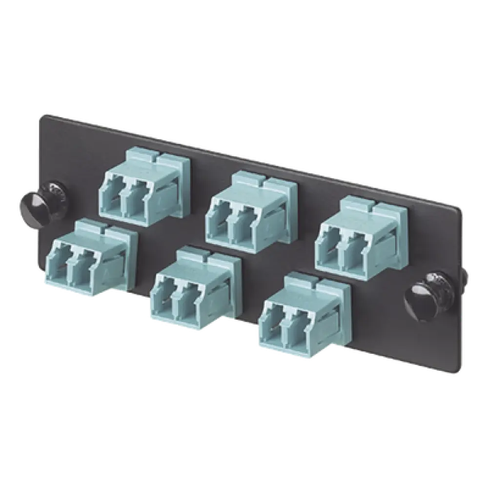Placa Acopladora de Fibra Óptica / 12 Fibras OM3/OM4 / 6 Conectores LC Dúplex / Cerámica Zirconia / Color Aqua