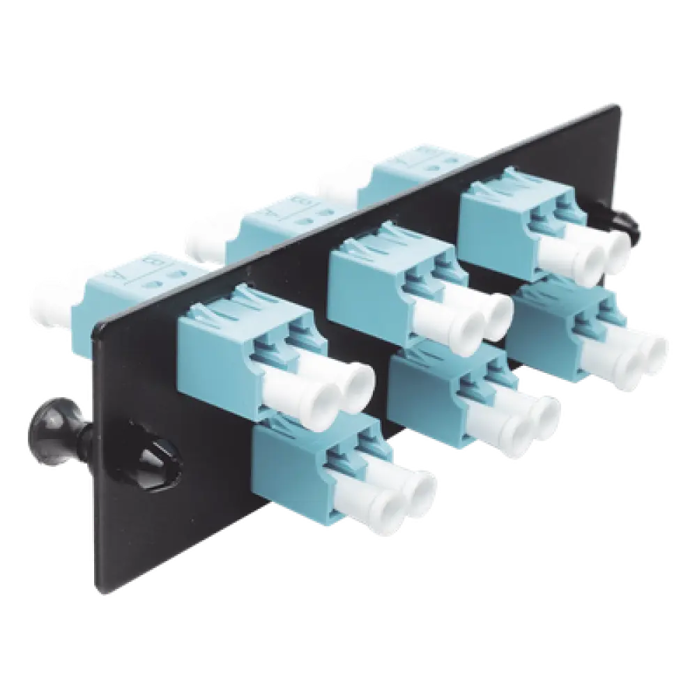 Placa Acopladora de Fibra Óptica / 12 Fibras OM3/OM4 / 6 Conectores LC Dúplex / Cerámica Zirconia / Color Aqua