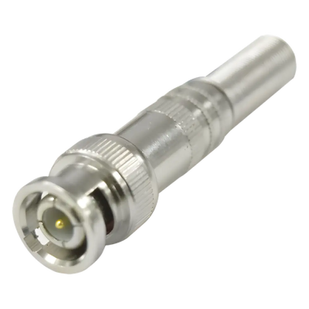 Conector BNC Macho / 75 Ohm / Resorte de Presión / RG-59/RG-6 / Níquel-Oro-PTFE / 41.7 mm (0.14 ft) Largo