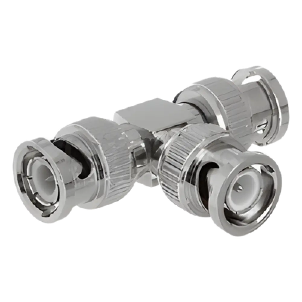 Adaptador Coaxial Tipo T / Triple BNC Macho / 75 Ohm / RG-59 y RG-6 / Níquel y Oro / 39.9 mm de Longitud