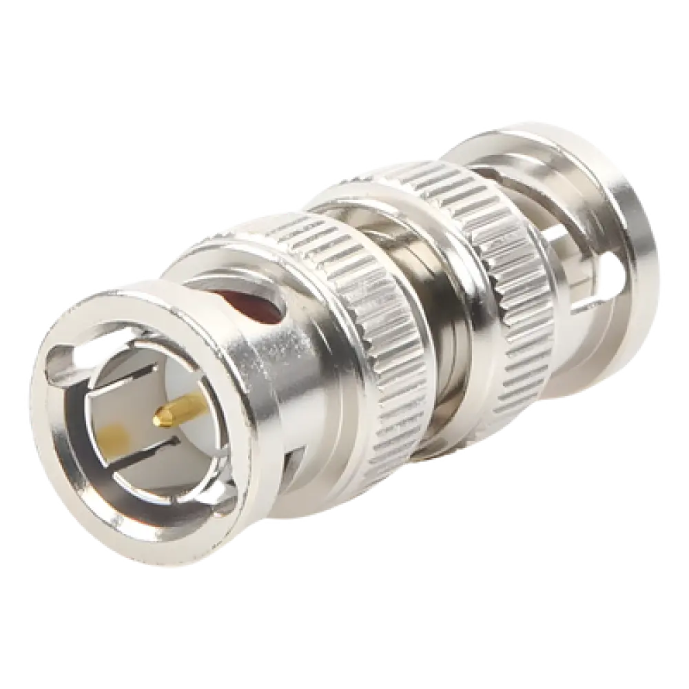 Adaptador Coaxial / BNC Macho a BNC Macho / 75 Ohm / Montaje en Línea / Cuerpo Niquelado / Contacto Oro / Aislante Teflón