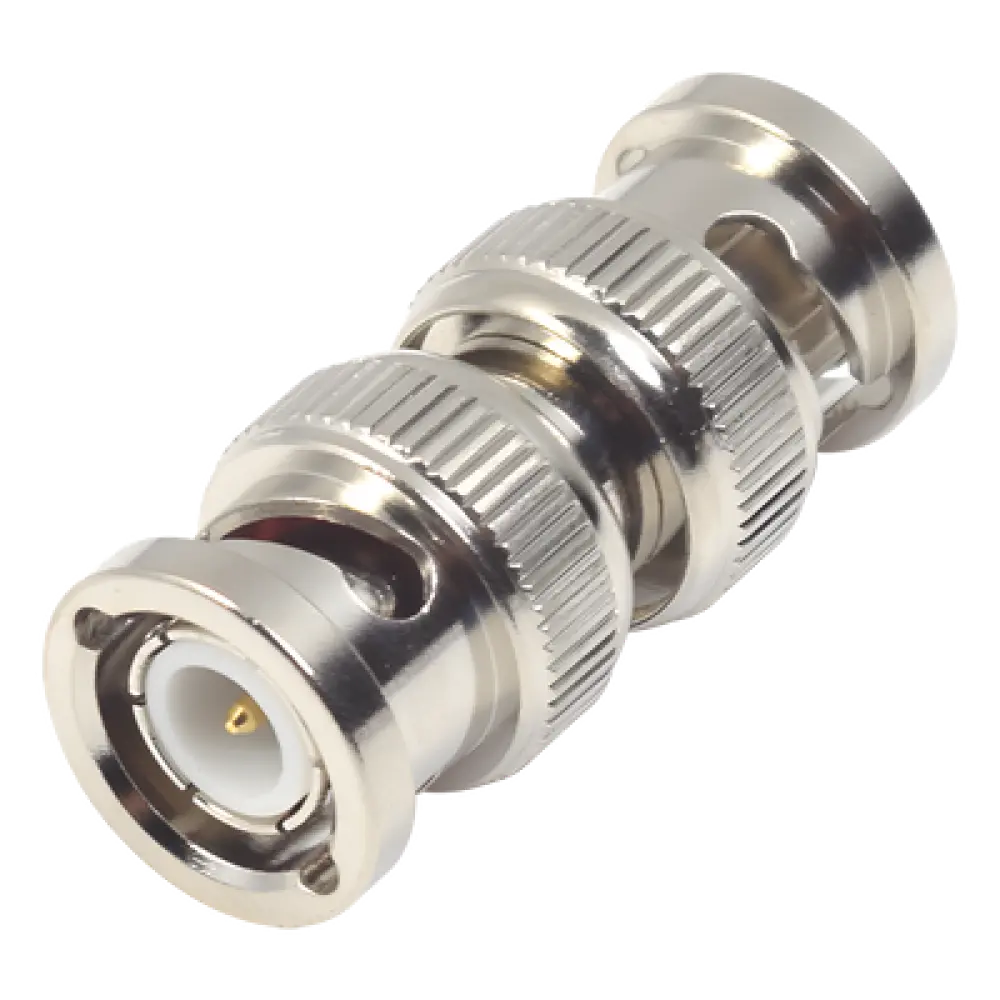 Adaptador Coaxial / BNC Macho a BNC Macho / 75 Ohm / Montaje en Línea / Cuerpo Niquelado / Contacto Oro / Aislante Teflón