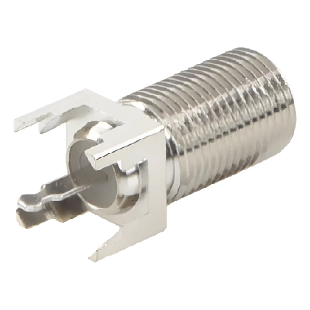 Conector F Hembra / Montaje Vertical PCB / 4 Terminales de Soldadura / Separación 0.32" / Cuerpo Níquel / Contacto Estañado / Dieléctrico Polietileno
