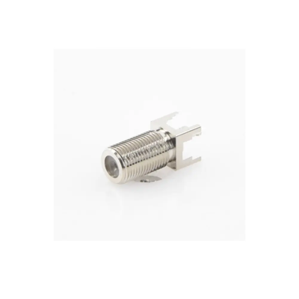 Conector F Hembra / Montaje Vertical PCB / 4 Terminales de Soldadura / Separación 0.32" / Cuerpo Níquel / Contacto Estañado / Dieléctrico Polietileno