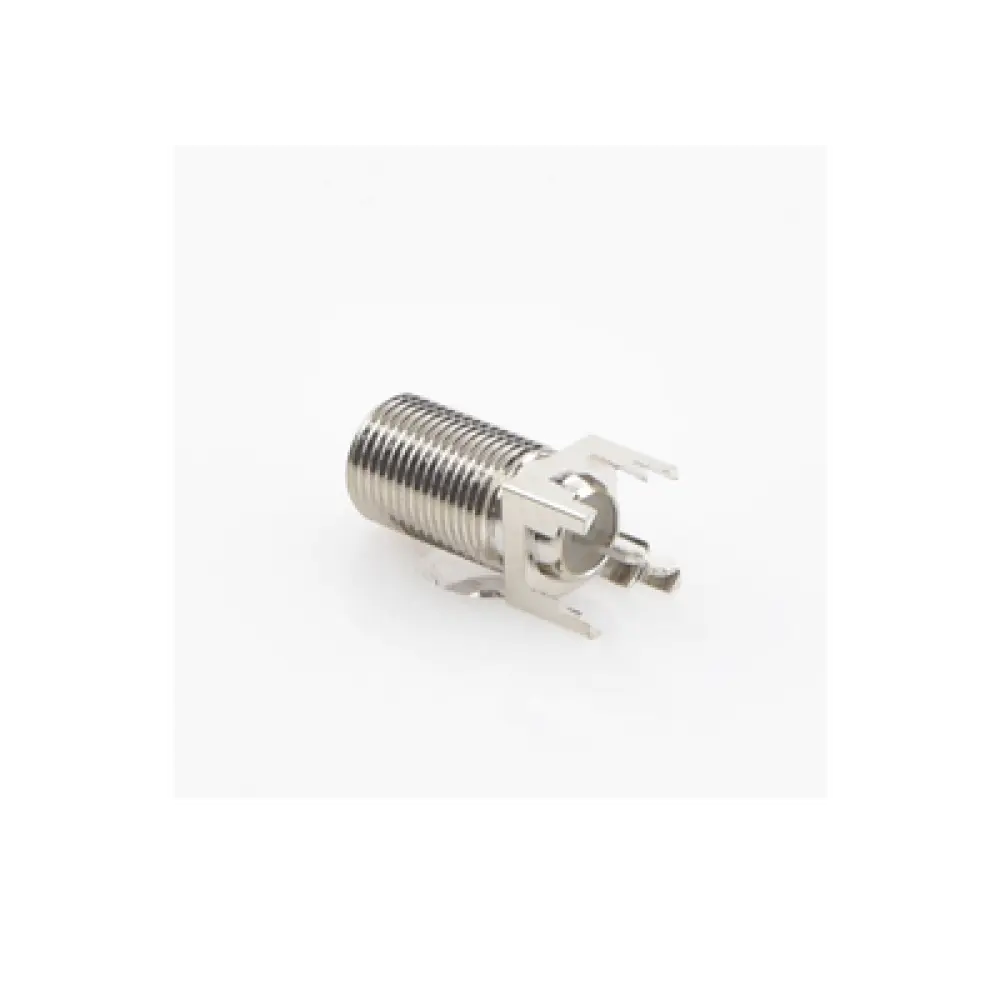 Conector F Hembra / Montaje Vertical PCB / 4 Terminales de Soldadura / Separación 0.32" / Cuerpo Níquel / Contacto Estañado / Dieléctrico Polietileno