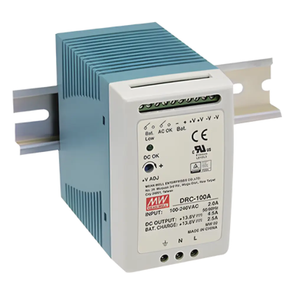 Fuente de Poder Riel DIN / 100W / Salida Dual 13.8V CC / Cargador de Batería Integrado / 87% Eficiencia / Convección Natural