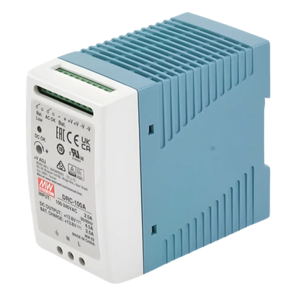 Fuente de Poder Riel DIN / 100W / Salida Dual 13.8V CC / Cargador de Batería Integrado / 87% Eficiencia / Convección Natural