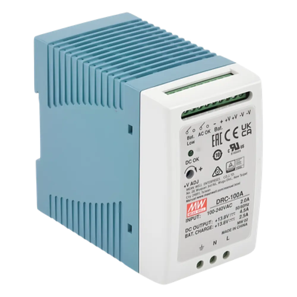 Fuente de Poder Riel DIN / 100W / Salida Dual 13.8V CC / Cargador de Batería Integrado / 87% Eficiencia / Convección Natural