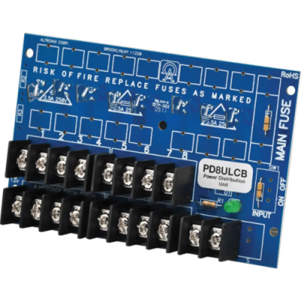 Distribuidor de Energía / 8 Salidas Clase 2 / PTC 2A Auto-Rearmable / Entrada Dual 12-24VDC o 24-28VAC / Certificaciones UL294 UL603 UL1481