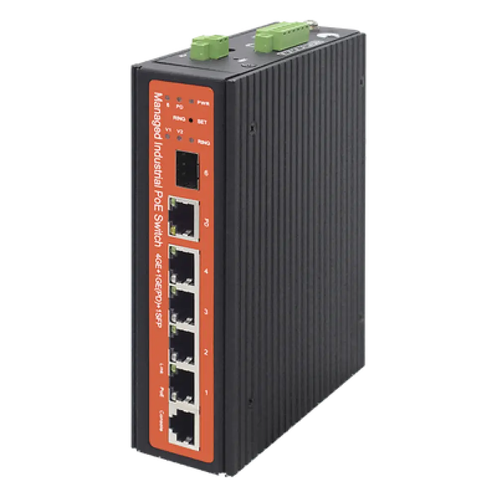 Switch Industrial PoE / 4 Puertos Gigabit / PoE Pasivo 24V / 802.3af/at/bt 60W / SFP / -40°C a 80°C / 6kV / Riel DIN