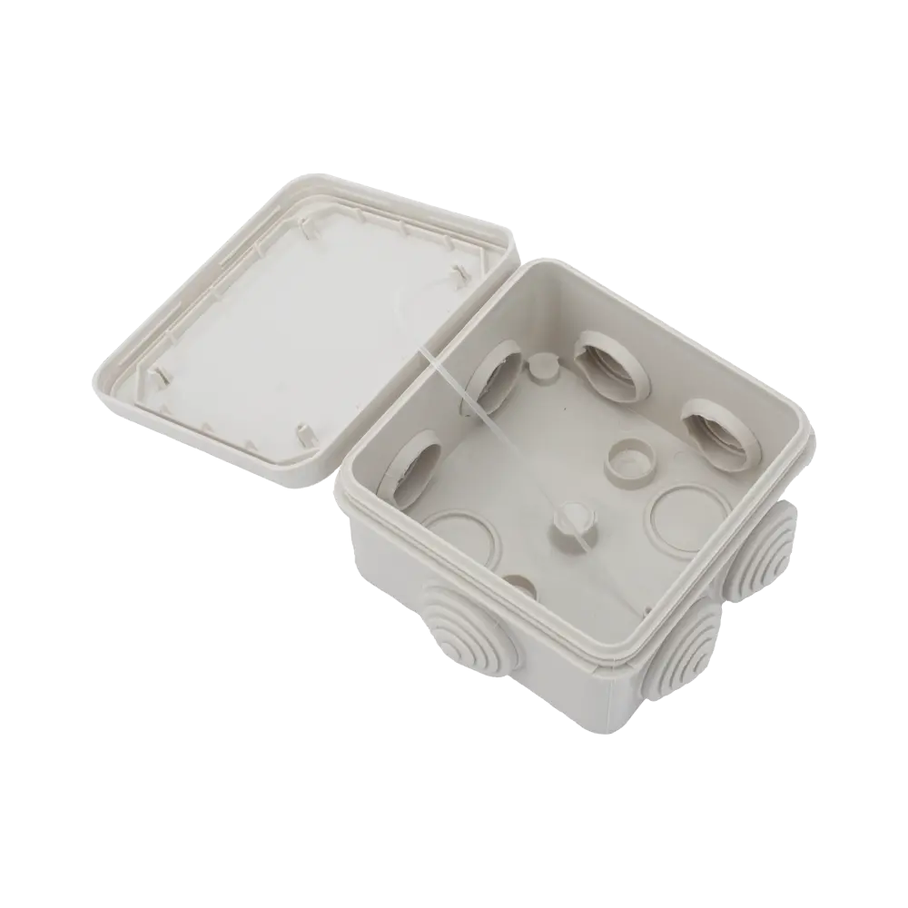 Caja Estanca, Derivación, Conexión de Plástico (89 X 89 X 50 mm) con 7 Glándulas de Goma. Para Instalaciones Comerciales, Residenciales e Industriales. Cerrado a Presión.