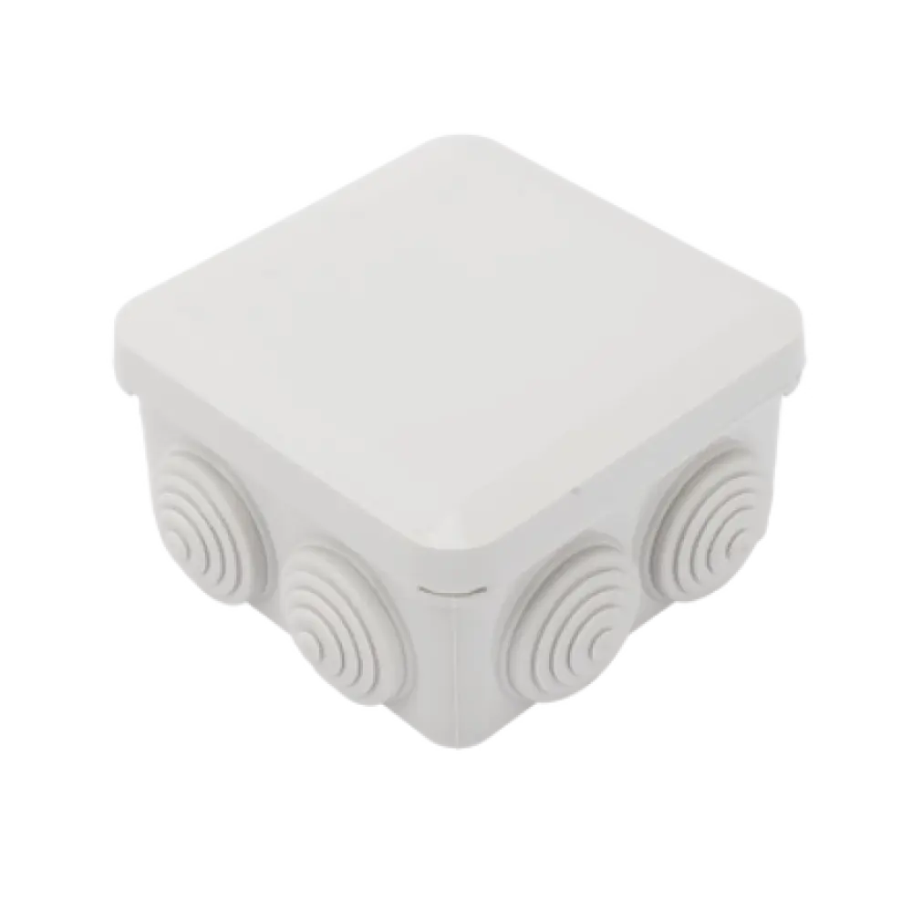 Caja Estanca, Derivación, Conexión de Plástico (89 X 89 X 50 mm) con 7 Glándulas de Goma. Para Instalaciones Comerciales, Residenciales e Industriales. Cerrado a Presión.
