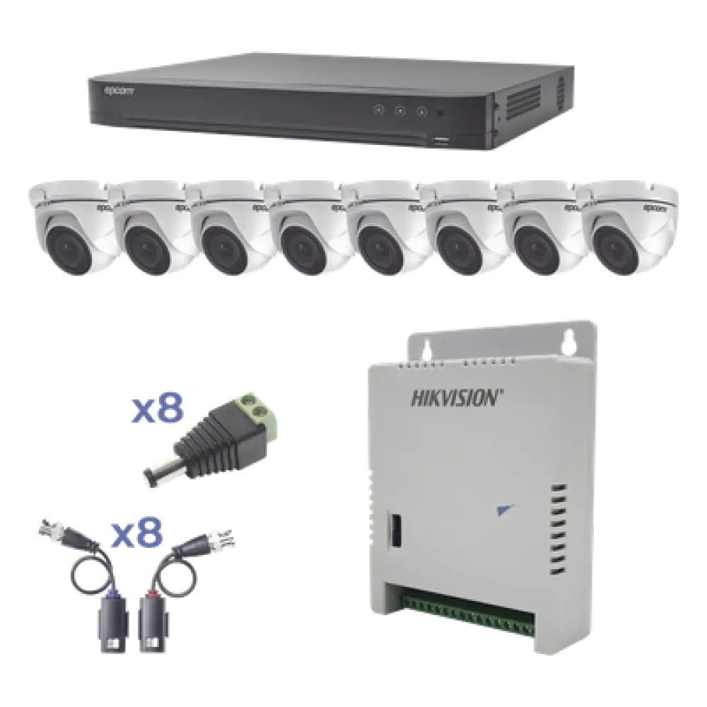 Cámara Turret / 2 MP 1080p / IR 20 m (65.6 ft) / Lente 2.8 mm / 103° / Exterior IP66 / Starlight / Audio por Coaxitron / Up the Coax / Compatibilidad 5 Tecnologías / Carcasa Metálica / Fuente Multitensión 12-15 Vcc / Transceptores UTP Pasivos / Kit Completo 8 Canales