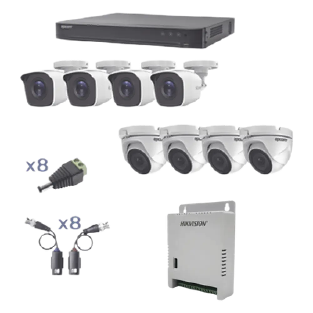 Kit TurboHD / DVR 8 Canales / 8 Cámaras 1080p / Bala y Eyeball / IR 20 m (65.6 ft) / Fuente Regulada 12V-15V / Transceptores UTP