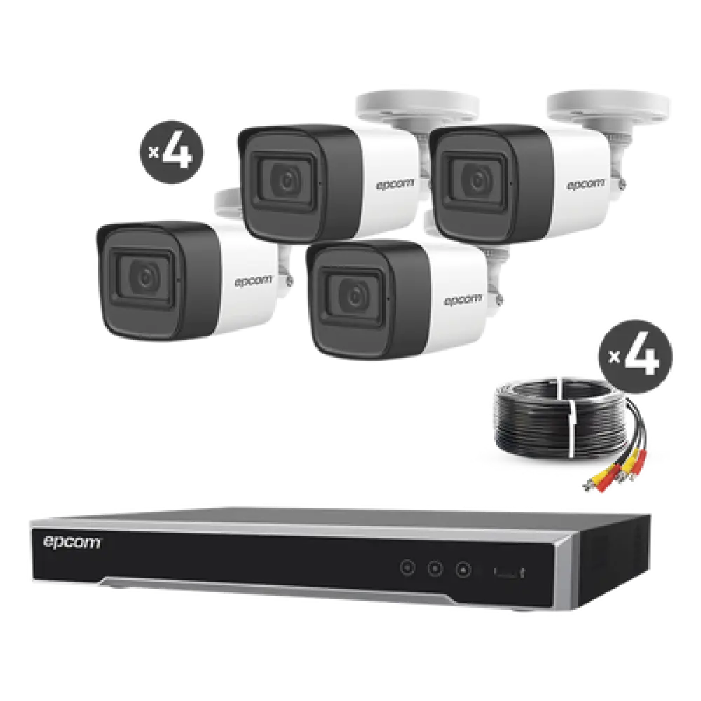 Kit de Videovigilancia TurboHD / DVR 4 Canales 8MP Lite / 4 Cámaras 5 Megapixel / Audio por Coaxitron / IR 30 m (98.4 ft) / Cables 18 m (59.1 ft)