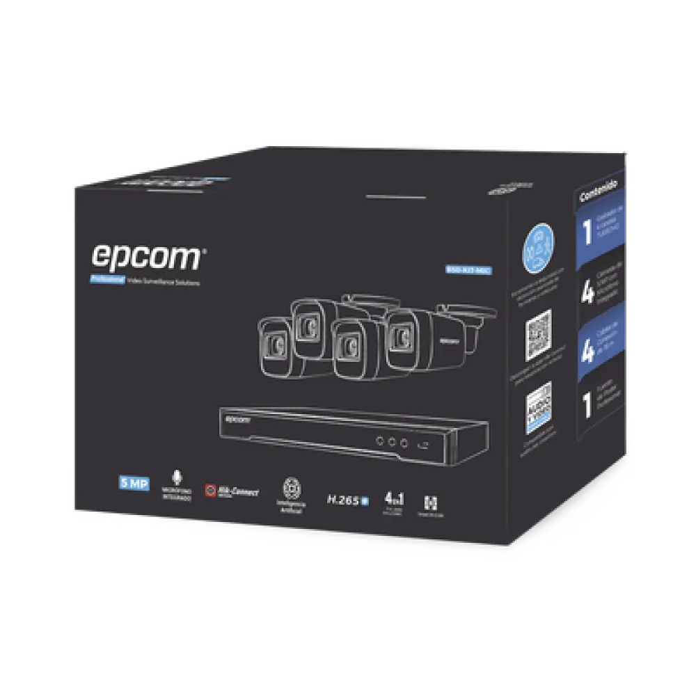 Kit de Videovigilancia TurboHD / DVR 4 Canales 8MP Lite / 4 Cámaras 5 Megapixel / Audio por Coaxitron / IR 30 m (98.4 ft) / Cables 18 m (59.1 ft)