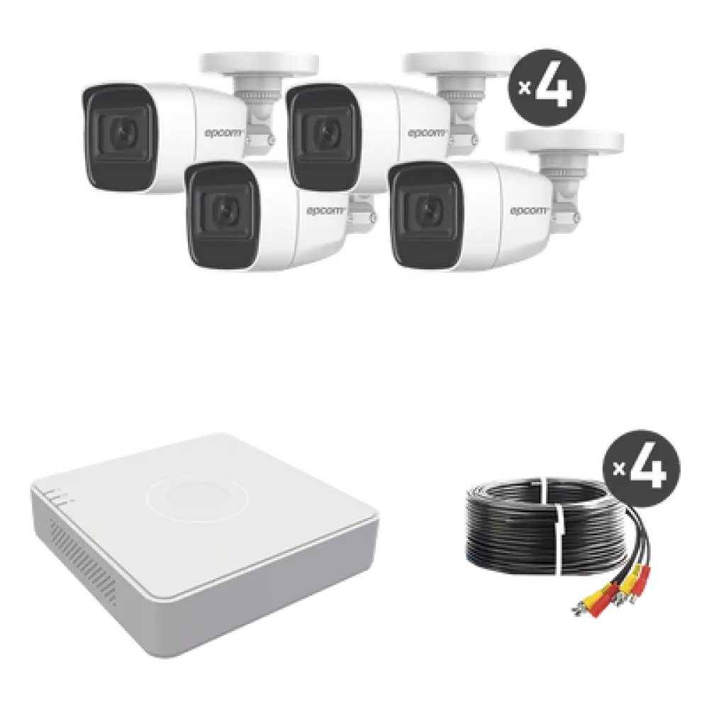 Kit de Videovigilancia TurboHD / DVR 4 Canales / 1080p Lite / 4 Cámaras Bala 2 MP / Audio por Coaxitron / IR 25 m (82 ft)