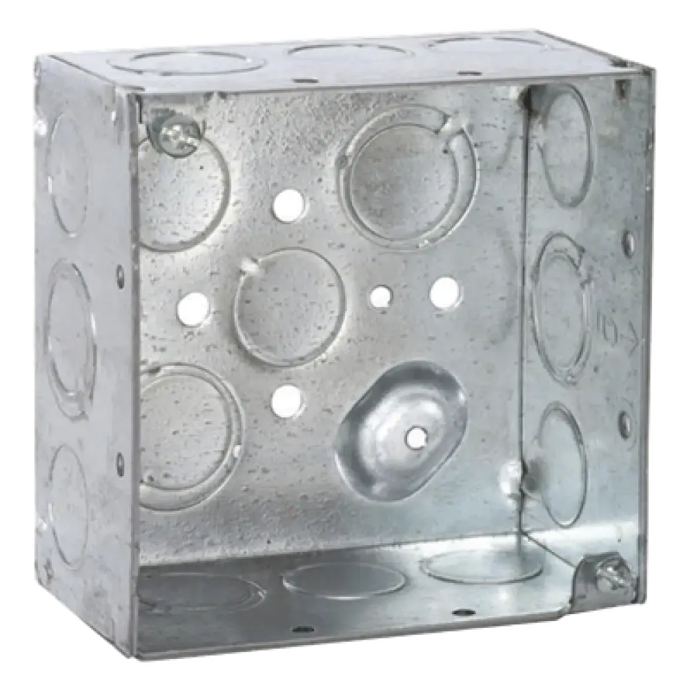 Caja Cuadrada Galvanizada / 4 x 4 in / Profundidad 2.125 in / Capacidad 30.3 in³ / 12 Knockouts / Resistente al Fuego