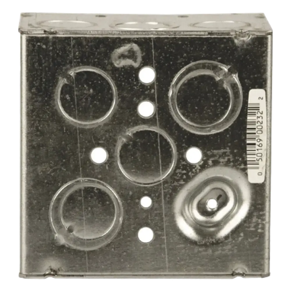 Caja Cuadrada Galvanizada / 4 x 4 in / Profundidad 2.125 in / Capacidad 30.3 in³ / 12 Knockouts / Resistente al Fuego