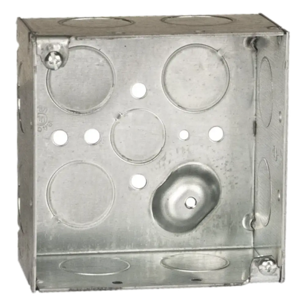 Caja Cuadrada Galvanizada / 4 x 4 in / Profundidad 2.425 in / 11 Entradas / 30.3 in³ / Resistente al Fuego