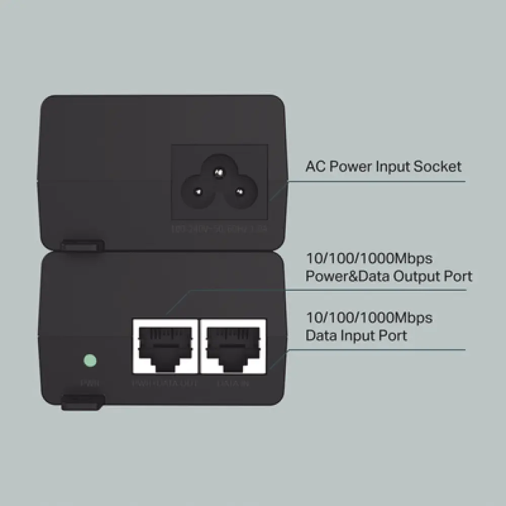 Inyector PoE+ / 30W / Gigabit 802.3af/at / 2 Puertos 10/100/1000 Mbps / Alcance 100 m (328 ft) / Plug and Play