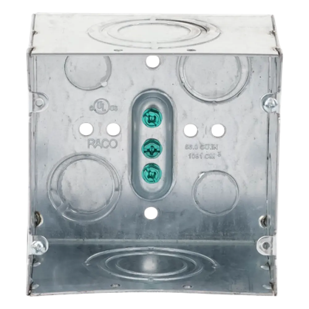 Caja de Conexión Cuadrada / Acero Soldado / 4.69 x 4.69 in / Profundidad 3-1/4 in (82.55 mm) / 66.7 in³ / Entradas 1/2" a 2" / UL Listed