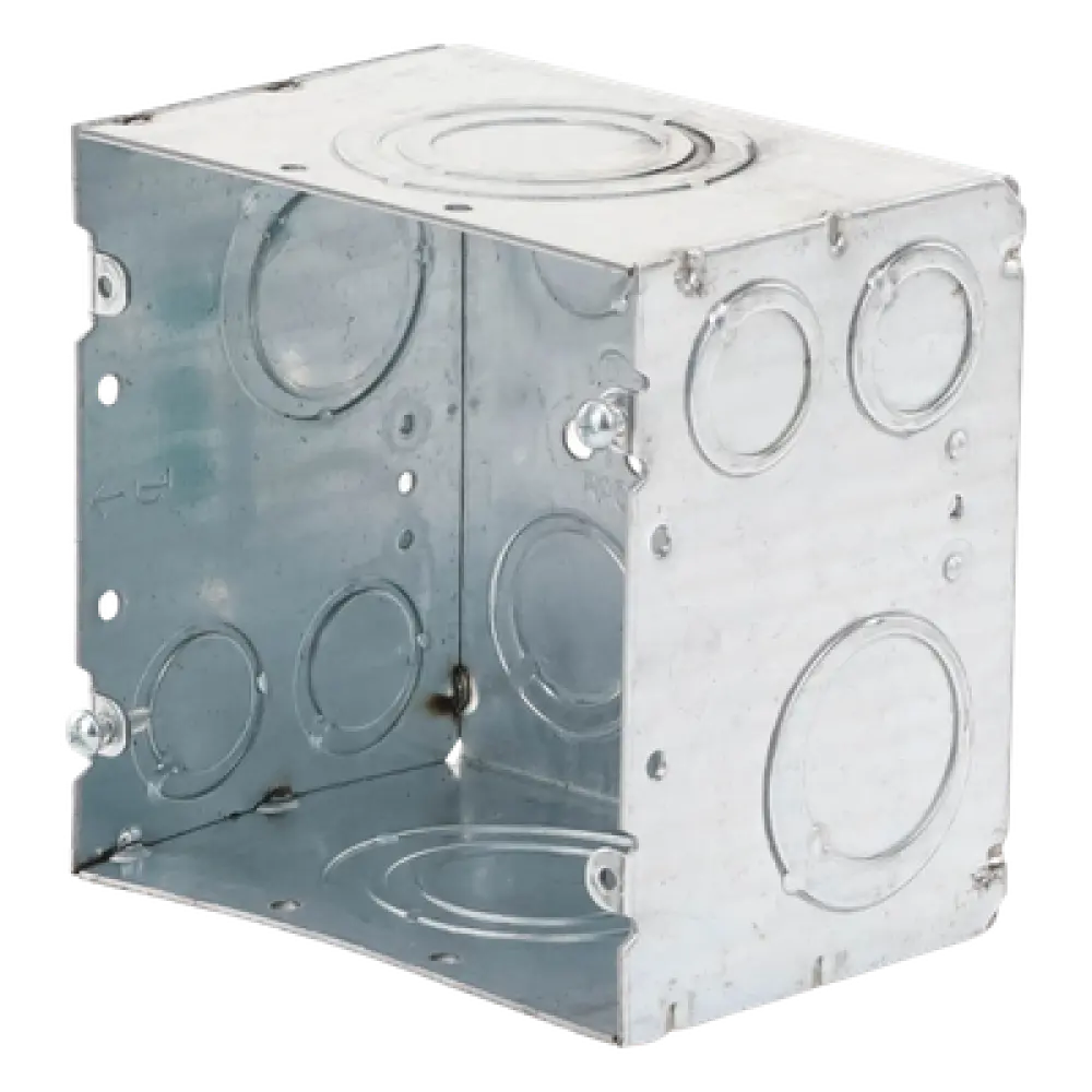 Caja de Conexión Cuadrada / Acero Soldado / 4.69 x 4.69 in / Profundidad 3-1/4 in (82.55 mm) / 66.7 in³ / Entradas 1/2" a 2" / UL Listed