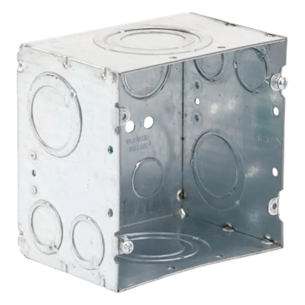 Caja de Conexión Cuadrada / Acero Soldado / 4.69 x 4.69 in / Profundidad 3-1/4 in (82.55 mm) / 66.7 in³ / Entradas 1/2" a 2" / UL Listed