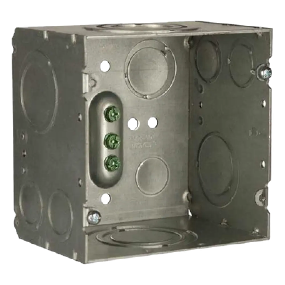 Caja de Conexión Cuadrada / Acero Soldado / 4.69 x 4.69 in / Profundidad 3-1/4 in (82.55 mm) / 66.7 in³ / Entradas 1/2" a 2" / UL Listed