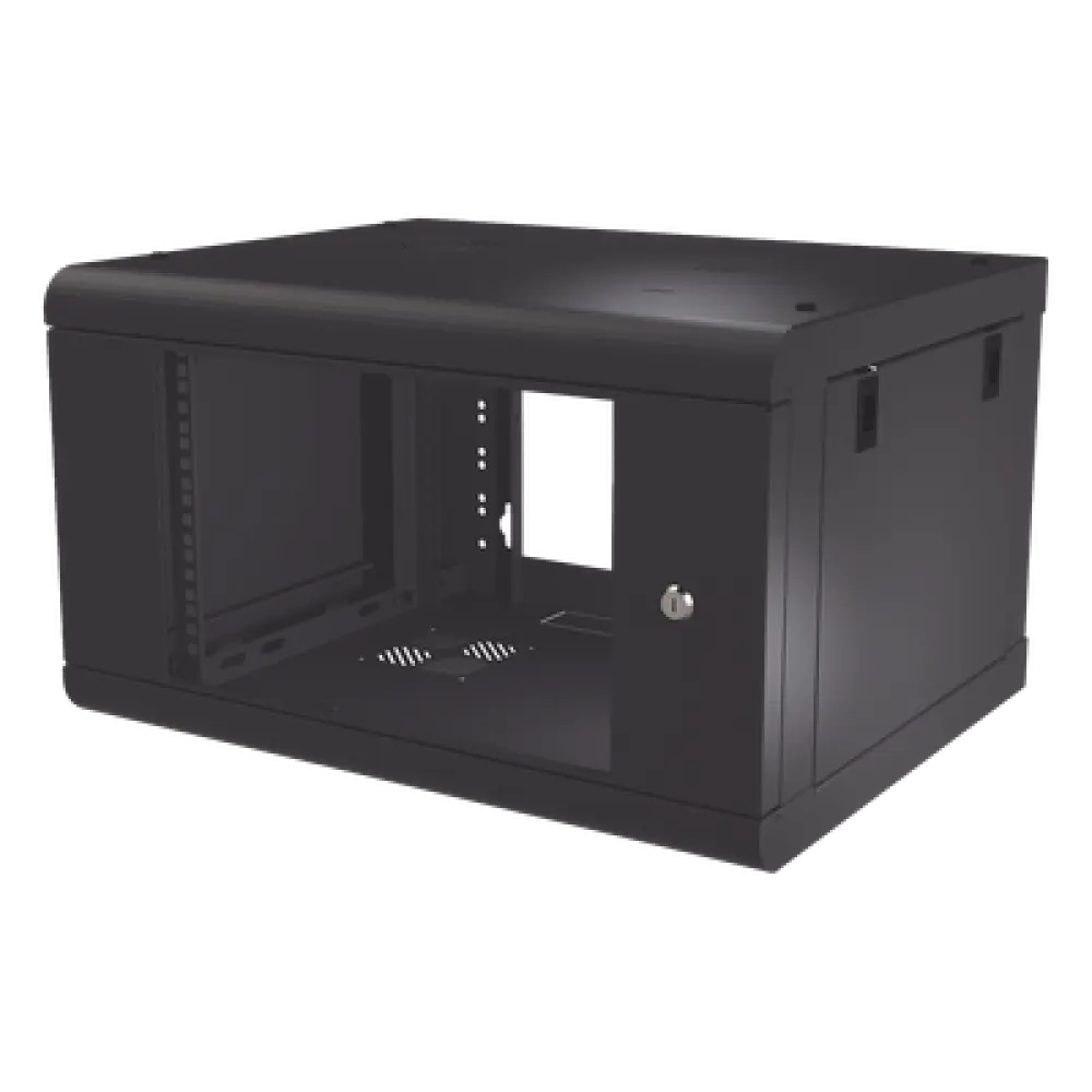 Gabinete de Pared de 6U con Puerta de Cristal Templado, 479.5 mm de Profundidad, Rack de 19'', Acero Reforzado Color Negro.