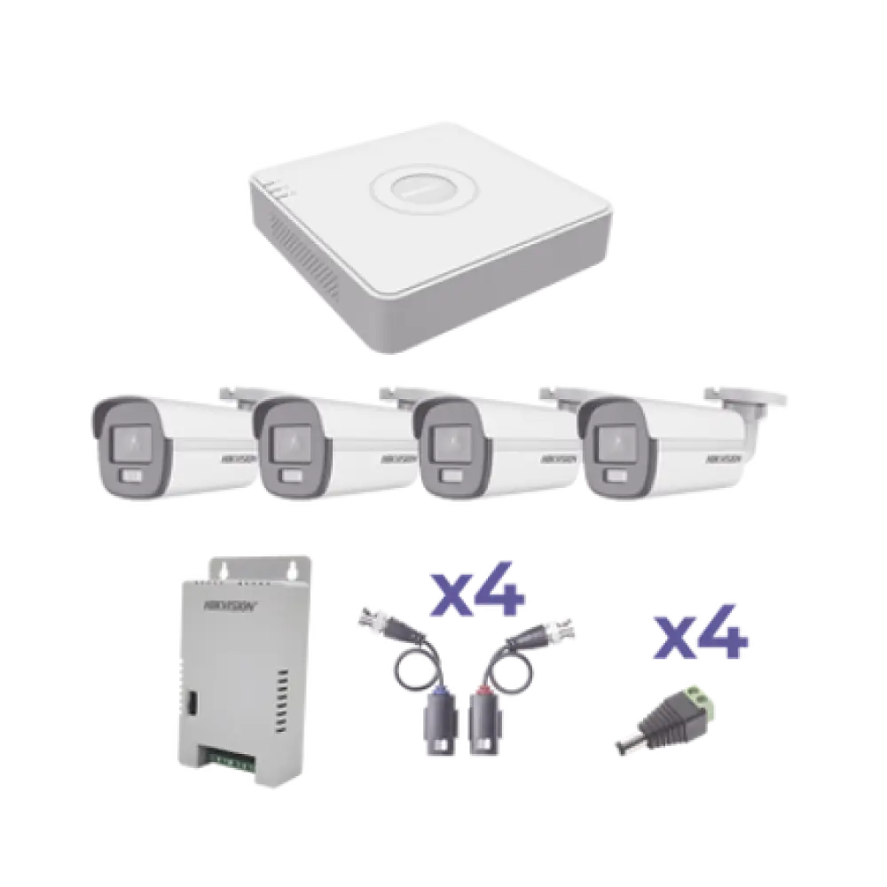 KIT COLORVU TURBOHD 1080p Lite / DVR 4 Canales / 4 Cámaras Bala (exterior 2.8 mm) / Transceptores / Conectores / Fuente de Poder Profesional