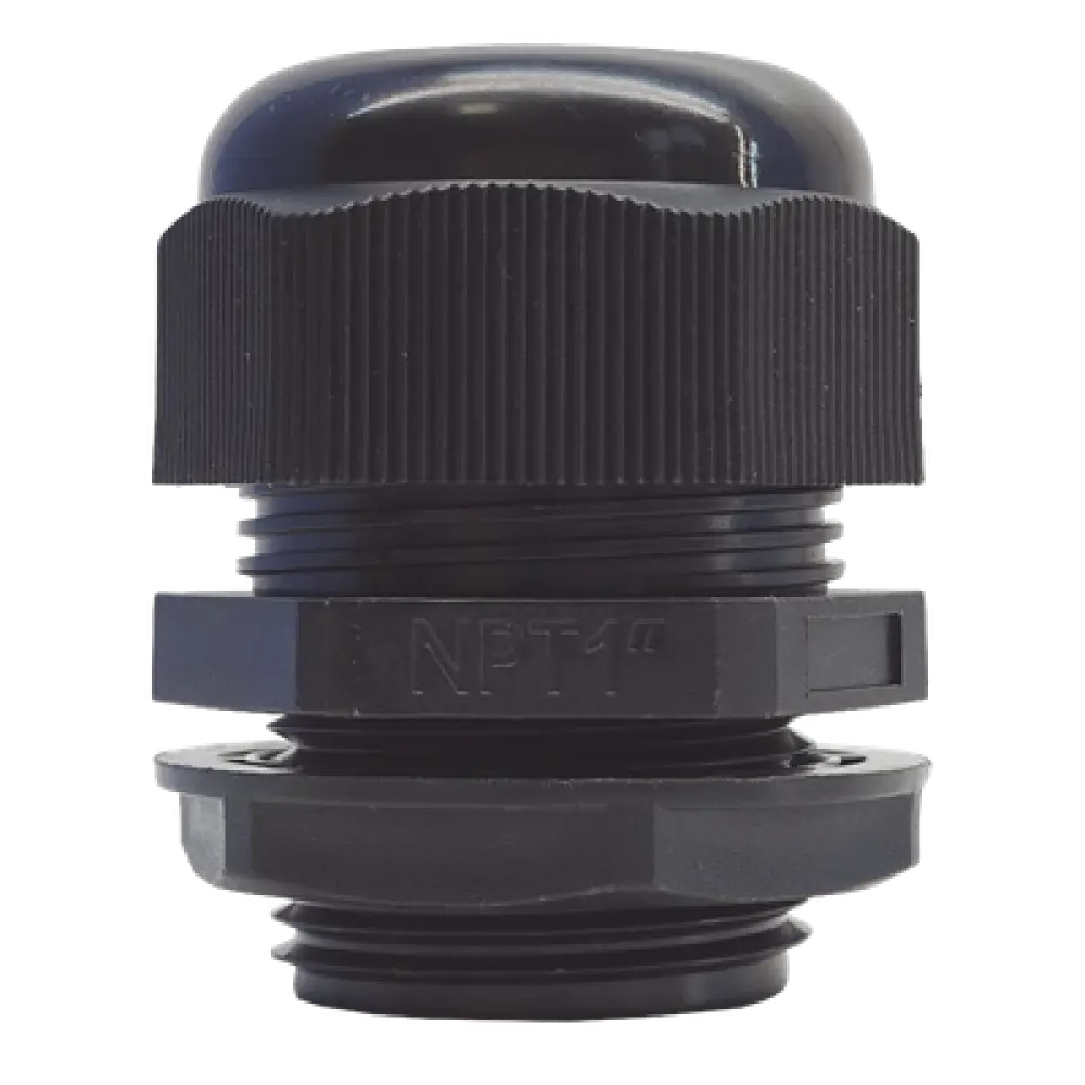 Conector Glándula Plástico / Rosca NPT 1" (25.4 mm) / Rango de Cable 16-22 mm / Color Negro / 7 Dimensiones Precisas