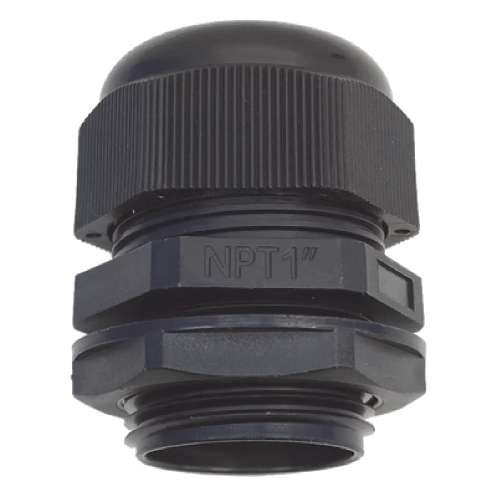 Conector Glándula Plástico / Rosca NPT 1" (25.4 mm) / Rango de Cable 16-22 mm / Color Negro / 7 Dimensiones Precisas