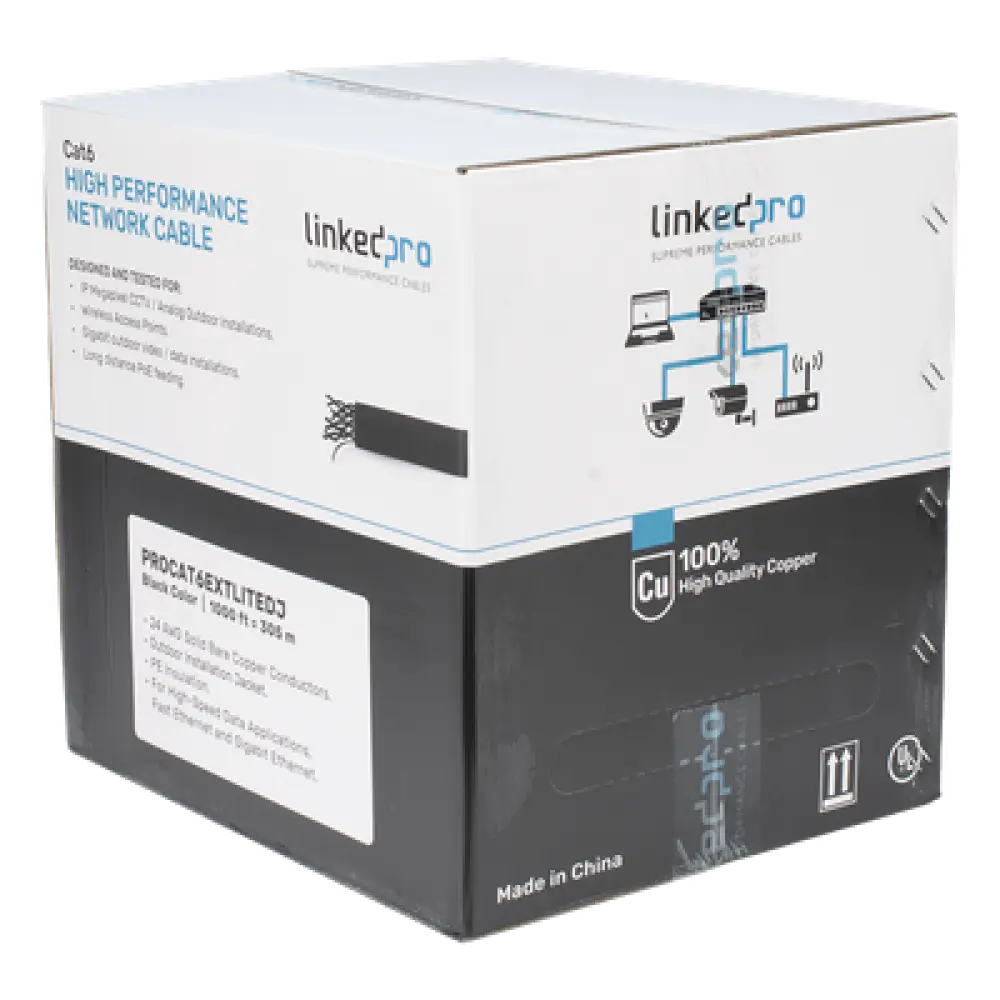Bobina de Cable UTP / Cat6 / 305m (1000 pies) / Doble Forro / Exterior / Climas Extremos / Negro